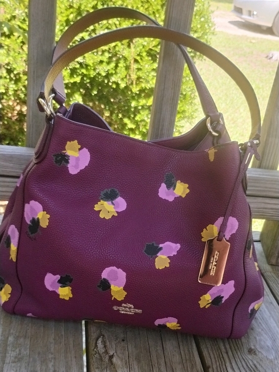 Coach Handbags - Coach Plum Floral Pebbled Leather Shoulder Bag 3 Comparr. Twist Lock Zip Closure